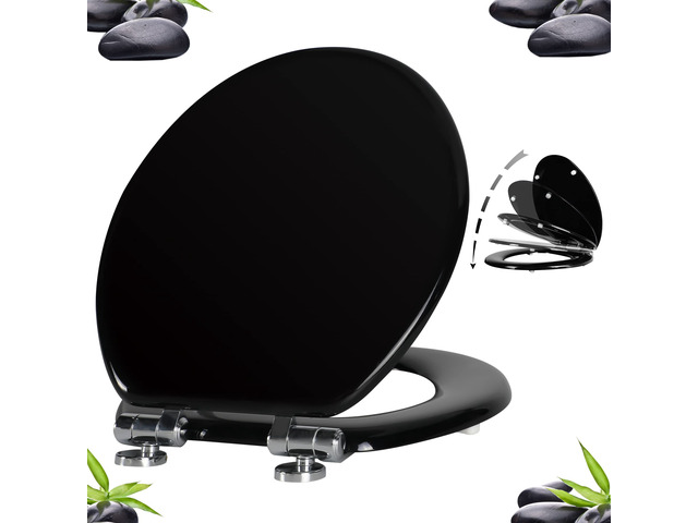 Round Toilet Seat Wood Molded UV Lid Soft Close Quick Release Metal Hinges, Adjustable Fit for Standard Round Toilets, Easy Install & Clean(Black)