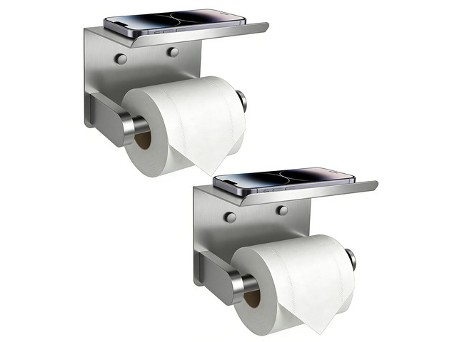 Toilet Paper Holder with Shelf Adhesive or Screw-in Brushed Nickel 2 Packs,Adhesive or Screw-in,Waterproof and Rustproof Stainless Steel,Wall Mount...