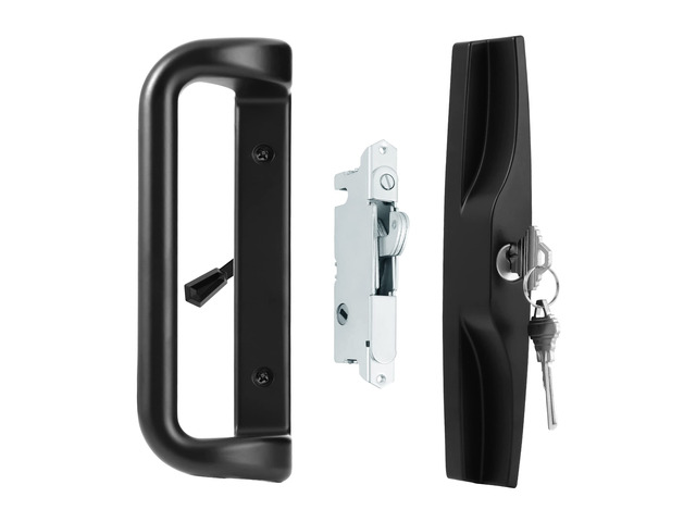 Black Sliding Glass Door Handle Set with Lock and Key Fits 3-15/16 in screw holes; keyed mortise lock, reversible, for 1-3/16 to 2 in doors