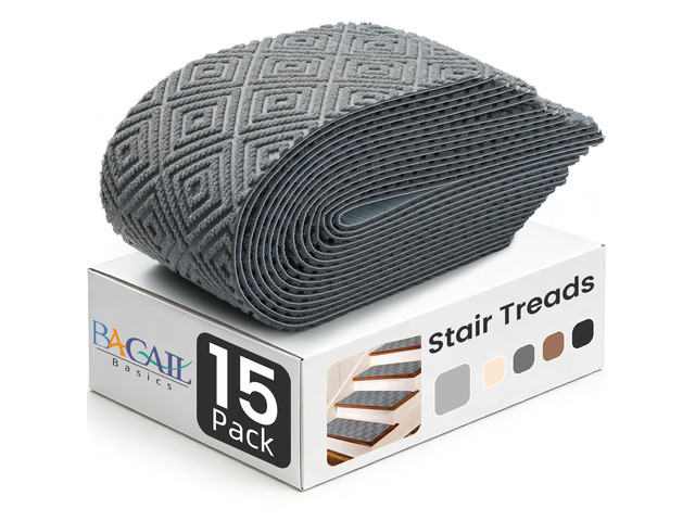 15-Pack Non-Slip Stair Treads 8'x30' for Wooden Steps, Light Gray No-Residue Adhesive, 0.28' Thick Cushion, Machine Washable, Safe for Dogs, Kids &...