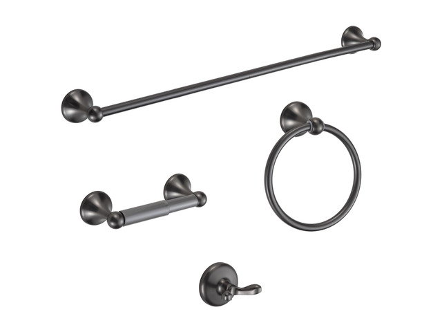Bathroom Hardware Set Grey Electroplating 4-Piece Bathroom Accessories Set Wall Mounted Adjustable Towel Bar Robe Hook Toilet Paper Holder Towel...