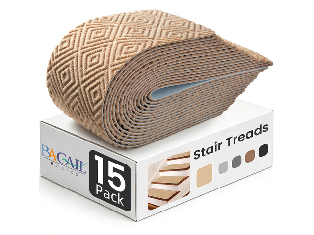 15-Pack Non-Slip Stair Treads 8'x30' for Wooden Steps, Beige No-Residue Adhesive, 0.28' Thick Cushion, Machine Washable, Safe for Dogs, Kids &...