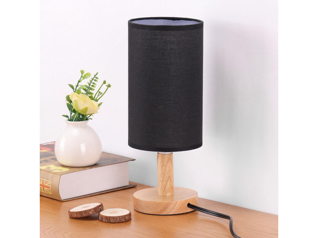 Black Small Bedside Table Lamp for Bedroom,Natural Round Wood Base & Fabric Linen Shade,Cozy Night Table Light for Study Reading,Minimalist Boho Desk...