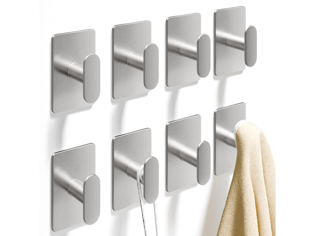 Adhesive Towel Hooks: 20LB Extra Strong Wall Hanger, Silver 8 Pack
