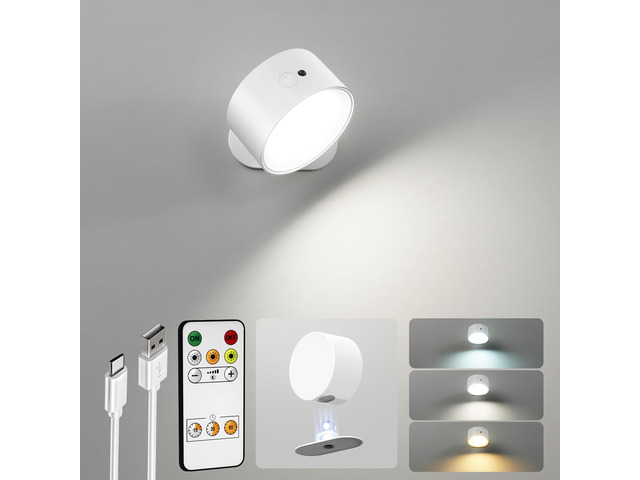 LED Wall Sconces, Rechargeable Wall Lights, White, 1 Pack Cordless Design, 3 Color Temperatures, Dimmable, Remote & Touch Control, 360° Rotation,...