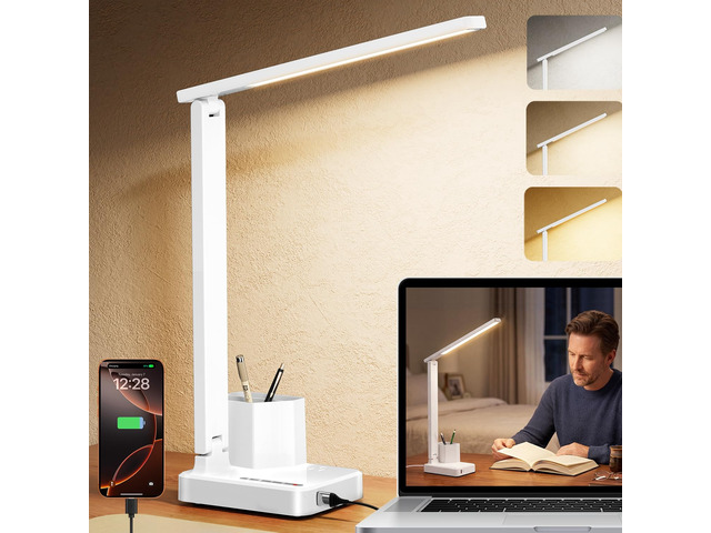 LED Desk Lamp USB A/C AC Pen Holder Dorm Home Office Desk Light White Adjustable LED Desk Light with USB A/C, AC Outlet, Pen Holder; Small Desk...