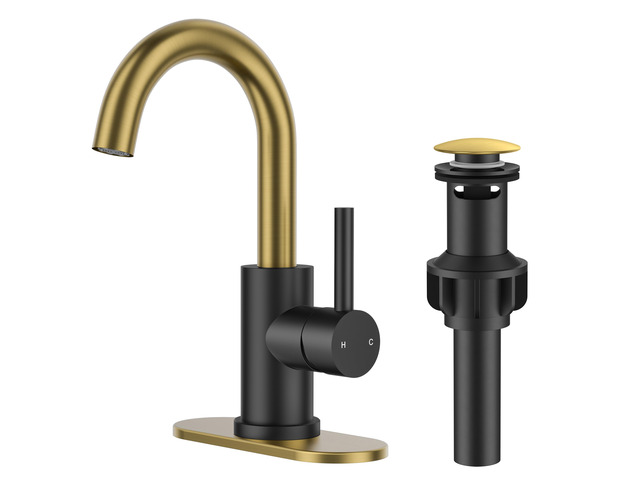 Bathroom Faucet 1 Hole Single Handle Sink Faucet Black and Gold with 6-inch Deck Plate for 1 or 3 hole(4-inch centerset)Sink Setup, Supply Lines...
