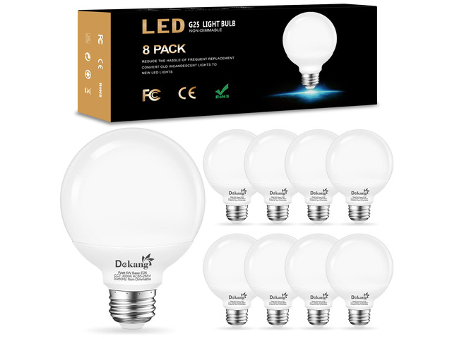 8 Pack G25 LED Bathroom Light Bulbs 3000K Soft White E26 Base 60W 500LM, 5W, CRI 85+, Non-dimmable Standard Base LED Globe Light bulbs for Bathroom...
