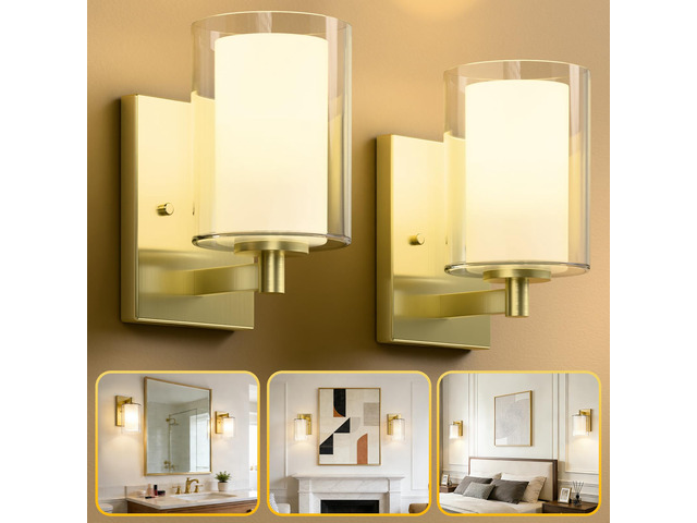 Wall Sconces Set of Two, Modern Gold Vanity Wall Lights Double Clear Glass Shades With E26 Base, Farmhouse Wall Lights For Bathroom, Bedroom,...