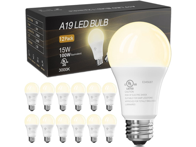 LED Light Bulbs, 100 Watt Equivalent A19, Soft Warm White 3000K 12 Pack 15W 1500 Lumens, E26 Standard Base, Energy Saving Lightbulbs, Non Dimmable...