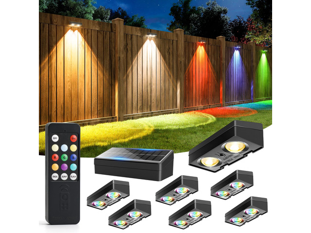 Fence Lights Solar Powered with Remote, 9 Fixed Colors 12 Modes, Solar Fence Lights Outdoor Waterproof, Warm/Cool White, RGB LED Deck Lights for...