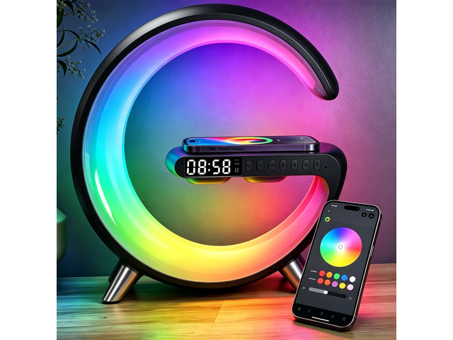 5 in 1 LED Table Lamp with Wireless Charging Bluetooth Speaker App Controlled Night Light Alarm Clock for Christmas Birthday Gifts for Teens Adults...