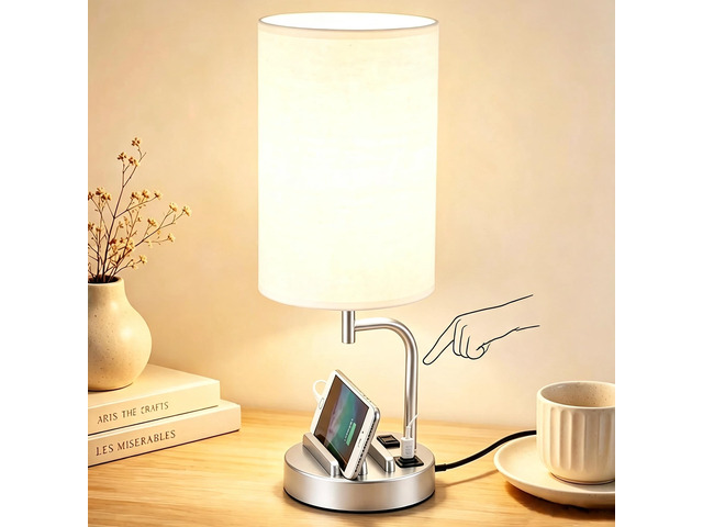 Touch Control USB Table Lamp with USB C/A & AC Outlet, 3-Way Dimmable Bedside Lamp, Modern Nightstand Lamps for Bedroom Living Room Guest Room...