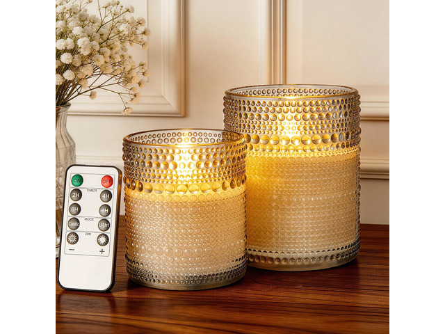 Gray Dotted Glass Real Wax Flameless Battery-Operated LED Pillar Candles LED Candles with Remote and Timer 3D Flickering Flame, for Festival...