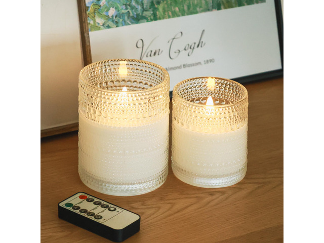 White Dotted Glass Real Wax Flameless Battery-Operated LED Pillar Candles LED Candles with Remote and Timer 3D Flickering Flame, for Festival...