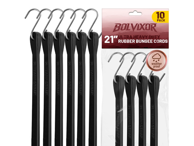 Bungee Cords with Hooks, 10 Pack, 21', EPDM Rubber Heavy Duty Tarp Straps, 2X Max Stretch, 180+ LBS Load Capacity, Crimped S Hooks for Cargo,...