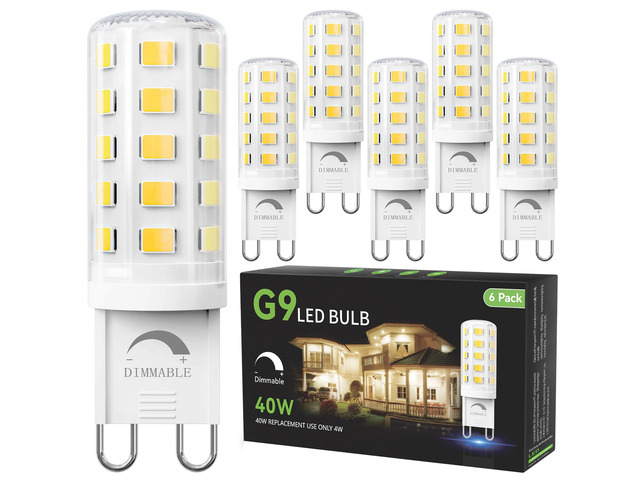 6 Pack Dimmable G9 LED Bulb, 40 Watt Eq 4W, Daylight White 6000K T4 G 9 Bi-pin Base Halogen Replacement, 120V No Flicker, 450LM for Chandelier Wall...