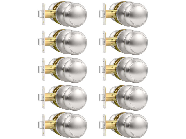 10 Pack Brushed Nickel Door Knob, Round Interior Door Knobs for Hallway Closet, Non-Locking Passage Door Knobs, Keyless Door Handles for Left/Right...
