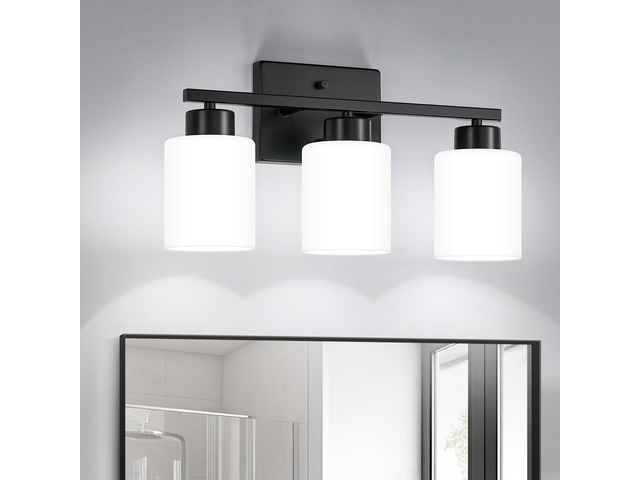 Black Bathroom Light Fixtures Vanity Lights Over Mirror Modern 3-Light Lighting Fixtures for Bathroom With Milky White Frosted Glass Shades, E26...