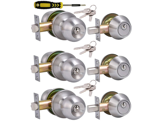 (3Sets) All Keyed Same Entry Door Knob and Single Cylinder Deadbolt Combo Set, Satin Nickel Exterior Door Knobs with Lock and Keys for Entrance and...