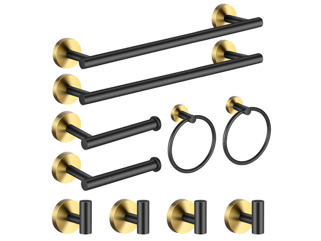 Bathroom Hardware Set Black and GoldTowel Bar Set Including 2pcs 16inch Towel Bars, 2pcs Toilet Paper Holders, 2pcs Towel Rings and 4pcs Robe Towel...