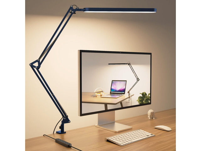 Desk Lamp - LED Desk Light - 5 Color Modes X 11 Brightness Levels - Adjustable Swing Arm - Timmer & Memory Function - 12W Lamp for Desk - Blue