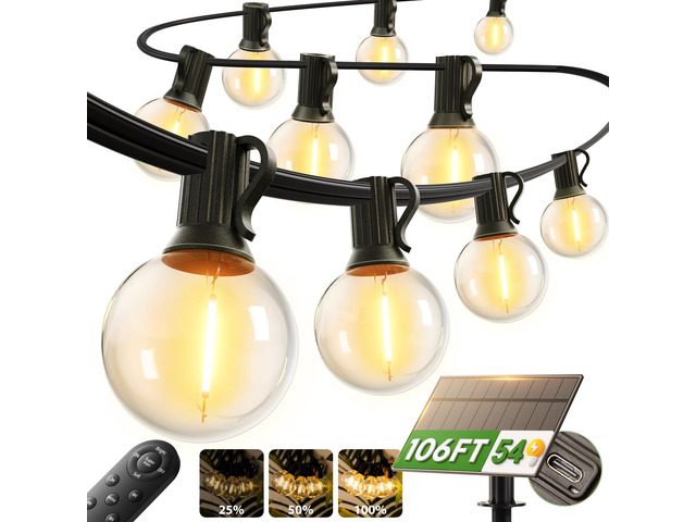 100FT 54LED Solar String Lights Outdoor Waterproof with Remote, USB Shatterproof Outdoor Lights, 5000mAh Battery, Dimmable Timer Modes, Solar...