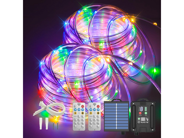 Solar Rope Lights Outdoor, 132FT 400 LED (Multi-Colored- 2Pack) Type C & Solar, With Remote, IP67 Waterproof, 8 Modes, for Trampoline Camping Tent...