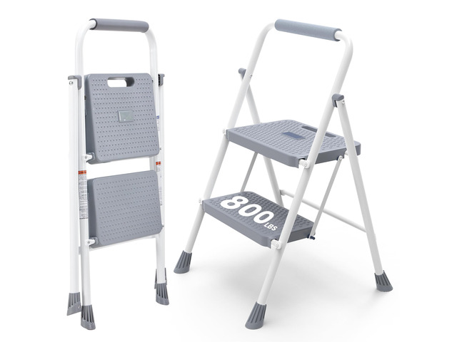 2 Step Ladder, Sturdy Step Stool with Anti-Slip Pedal & Comfortable Handrail, Portable Heavy Duty Stool for Kitchen, Garage & Outdoor, 800lbs, Grey