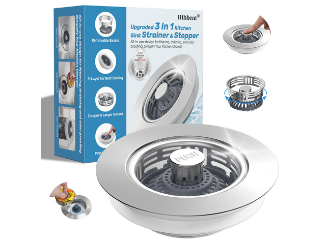 Metal Kitchen Sink Drain Strainer and Stopper, Transparent Upgraded Universal 3 in 1 Pop Up Design, Detachable Larger Anti-Clog Basket, 3-Layer...