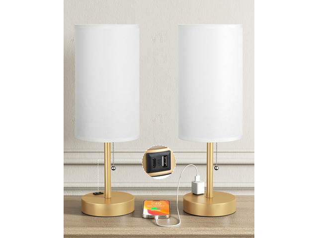 17.4' Gold Bedside Table Lamps Set of 2 - Bedroom Lamp, USB C+A, AC Outlet 3CCT(3000/4000/5000K), LED Bulbs Included, White Fabric Lampshade,...