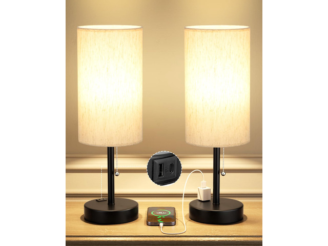 17.4' Cream Bedside Table Lamps Set of 2 - Bedroom Lamp, USB C+A, AC Outlet 3CCT(3000/4000/5000K), LED Bulbs Included, Cream Fabric Lampshade,...