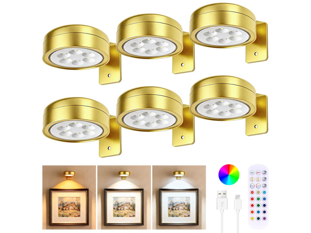 6-Pack Picture Lights for Wall, Rechargeable Cordless Poster Lights, Gold Magnetic Painting Lights with 3CCT & 12RGB, LED Art Display Light with...