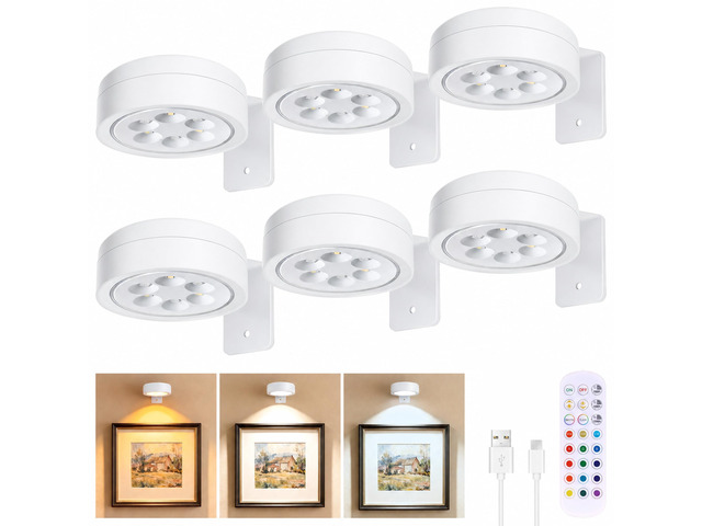 6-Pack Picture Lights for Wall, Rechargeable Wireless Poster Lights, White Magnetic Painting Lights with 3CCT & 12RGB, LED Art Display Light with...