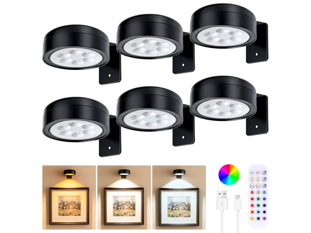 6-Pack Picture Lights for Wall, Rechargeable Wireless Poster Lights, Black Magnetic Painting Lights with 3CCT & 12RGB, LED Art Display Light with...