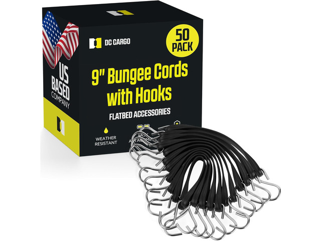 Pack of 50 Tarp Straps for Flatbed Trailers, 9' Long Natural Rubber Bungee Cord Tie-Downs Ideal for Securing Tarps, Canvases, Cargo in Cold...