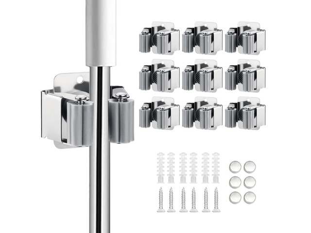 9PCS Broom and Mop Holder, Heavy Duty Garden Tool Organizer Rack Rake and Shovel Handle, Stainless Steel Mop Hanger. Screws for Wall Mounted. Silver