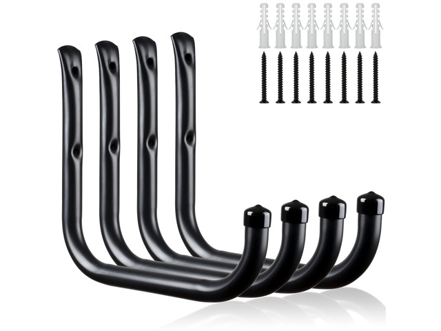 Wall Hooks for Garage Garden, 4 Pack Water Hose Holder, Large Garage Storage Hanger for Ladder Bike Extension Cord Tool, Wall Mount l Hooks, Black...