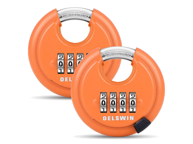4-Digit Disc Combination Lock, Orange, 2 Pcs, 3/8' Shackle Hardened Steel Shackle, Shrouded Shackle Resists Cutting and Prying, For Gate, Sheds,...