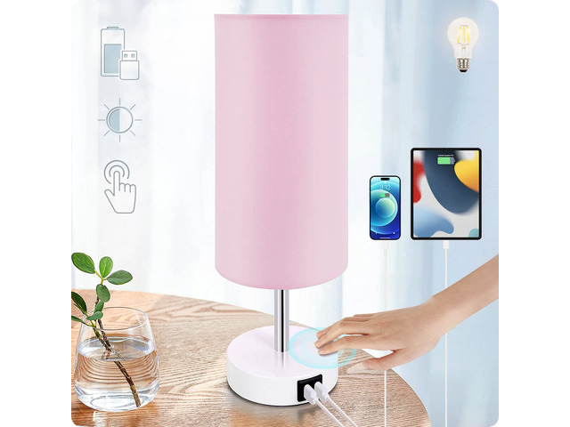 Desk Lamp with USB Port, Touch Control Desk Lamp with 3 Levels Brightness, Bedside Table Lamp with Round Pink Shade for Bedroom, Living Room, Dorm,...