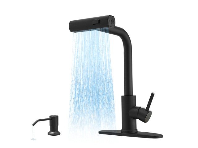 Black Waterfall Kitchen Faucet with Pull Down Sprayer & Soap Dispenser Stainless Steel Single Handle Faucet with 3 Spray Modes for Farmhouse, RV,...