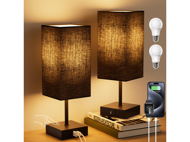 Touch Bedside Table Lamp for Bedroom, 14-Inch, Black, Set of 2 USB A+C Ports, Touch 3-Way Dimmable LED Bulb Included Fabric Lampshade Metal Base...