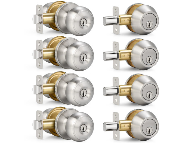 4 Sets Entry Door Knob and Single Cylinder Deadbolt Combo Set, Keyed Alike Round Ball Satin Nickel Interior/Exterior Door Knobs with Lock and Keys...