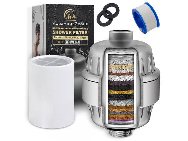20-Stage Shower Filter, Vitamin C and E, Matte Chrome shower filter 20-stage, Vitamin C and E, reduces chlorine, heavy metals, sediment, high...
