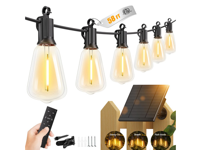 58FT Solar String Lights Outdoor, 25+1 Shatterproof LED Lights Waterproof, Remote Control, Dimmable, Timer, 3 Light Modes, Commercial Grade Patio...