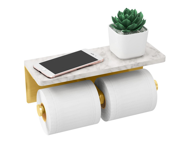 Brushed Gold Toilet Paper Holder with Marble Shelf, Double Rolls Toilet Paper Holder with Storage, Toilet Paper Wall Mount for Bathroom Washroom
