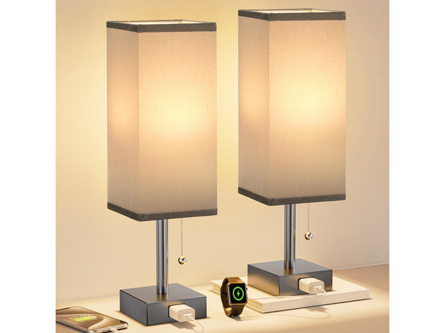 Bedside Lamp for Bedroom Set of 2 - Grey Table Lamp for Nightstand AC Outlet, 3 Color Temperatures, LED Bulb Included, Pull Chain Design, 14'...