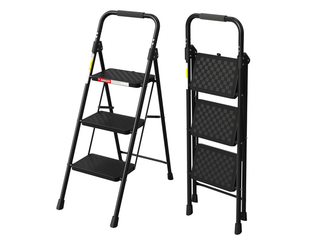 3 Step Ladder, Folding Step Stool with Wide Anti-Slip Pedal Step Stool Foldable with Cushioned Handle for Home and Kitchen, Black