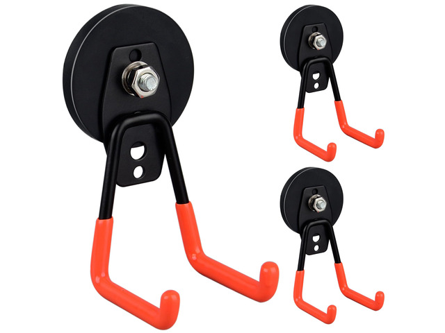Heavy Duty Large Garage Magnet Hooks, 3 Pack Strong Storage Utility Magnetic Hooks with Anti-Slip Coating for Pegboard,Garage Shelve Hanging (Orange)
