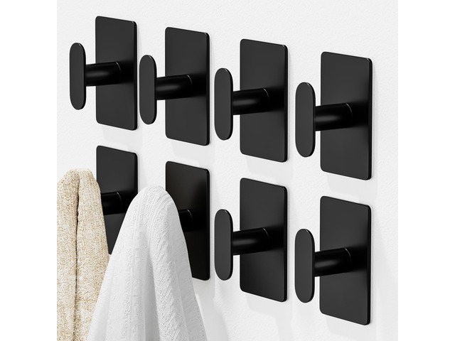 Adhesive Towel Hooks: 20LB Extra Strong Wall Hanger, Black 8 Pack